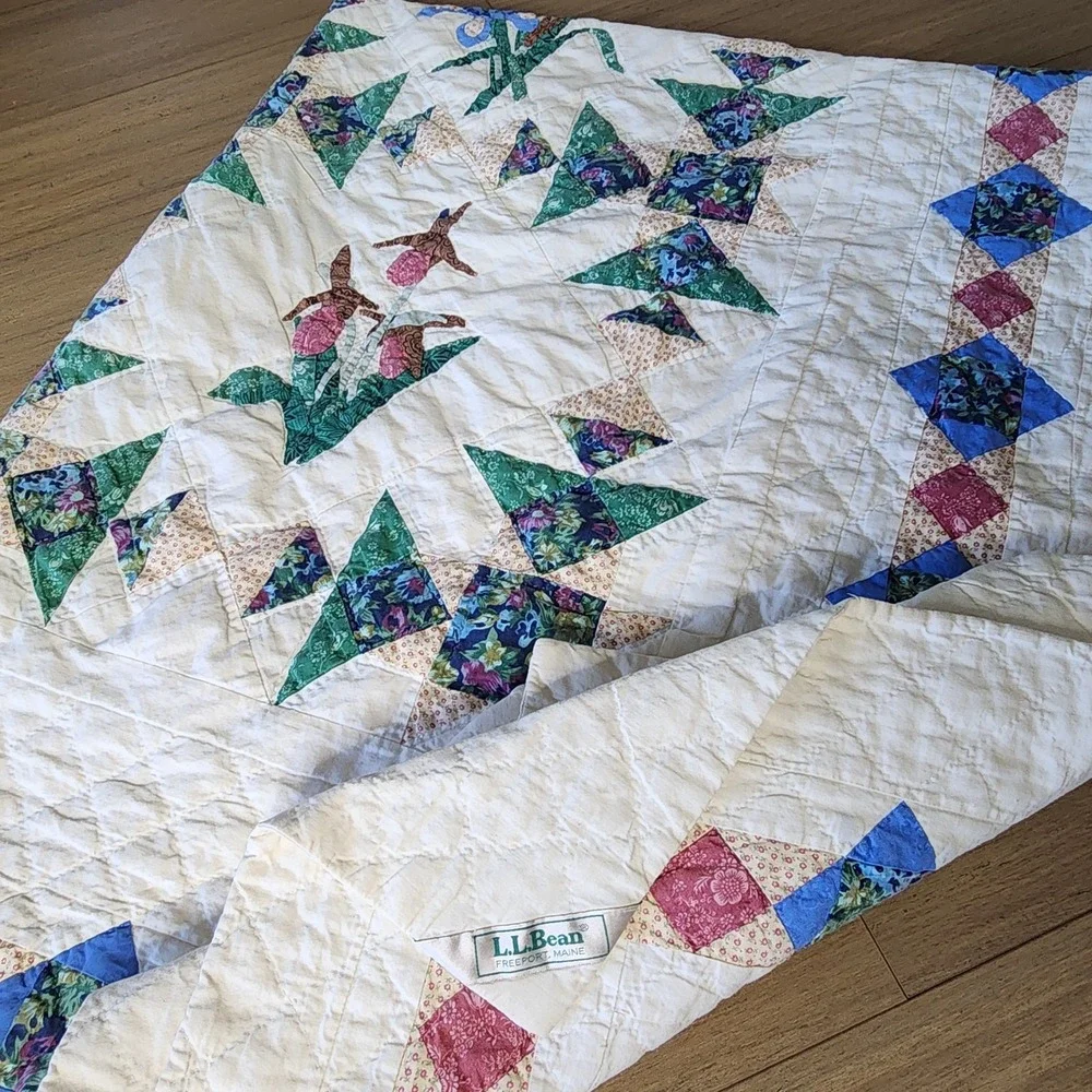 Vtg LL Bean Freeport Maine Botanical Block Applique Patchwork Quilt 62 X 80